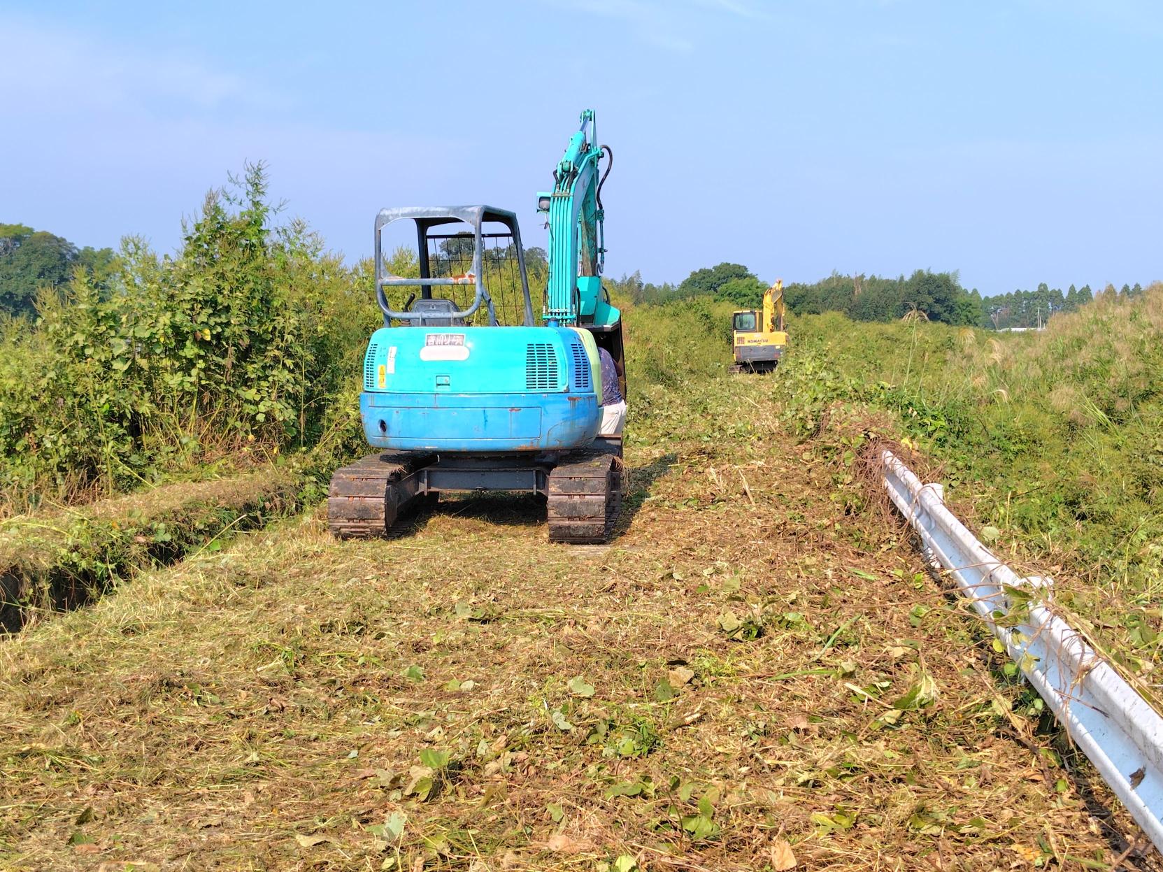 水色の小型ショベルカーと奥に見える黄色い重機が、生い茂る雑草を刈り取りながら地面を整地している様子を写した写真