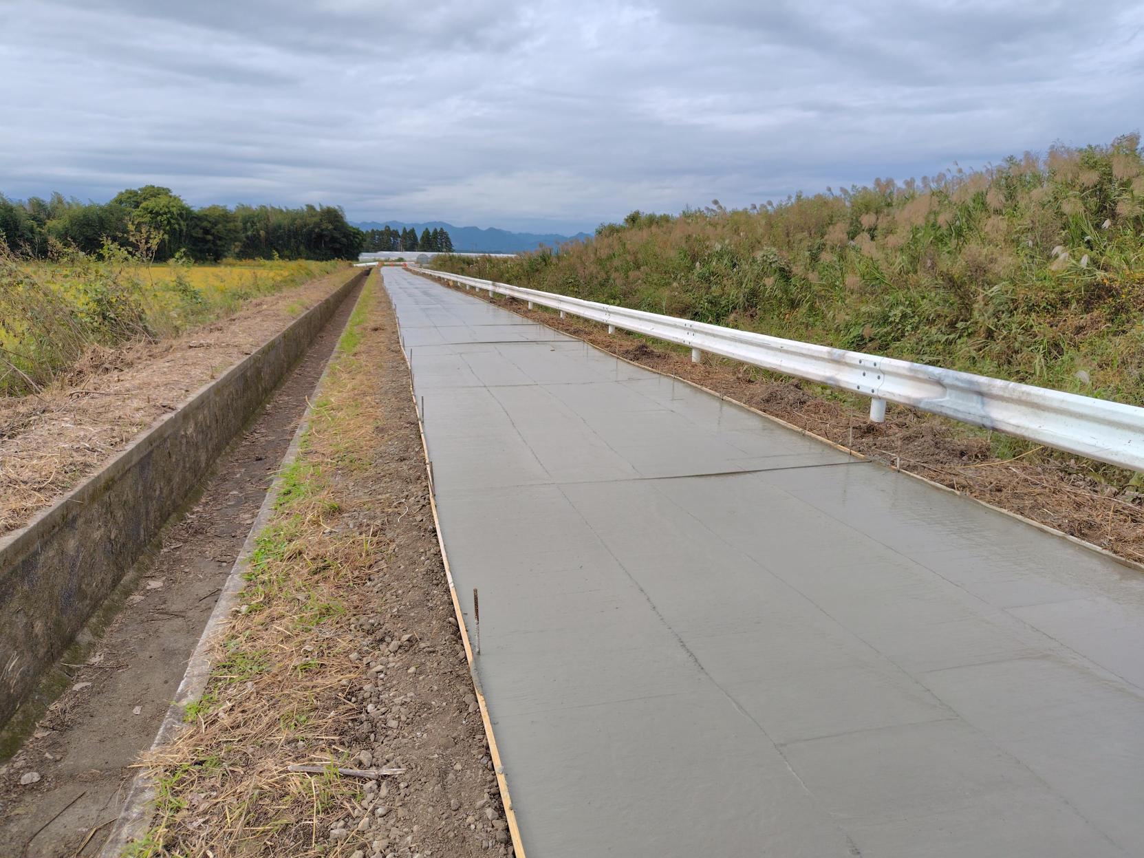 左右を田畑や生い茂る草むらに囲まれた真っ直ぐな農道において、敷設されたばかりの生コンクリートが綺麗に平らへと整えられ、遠くの山並みまで道が続いている様子を捉えた、舗装工事完了直後の写真