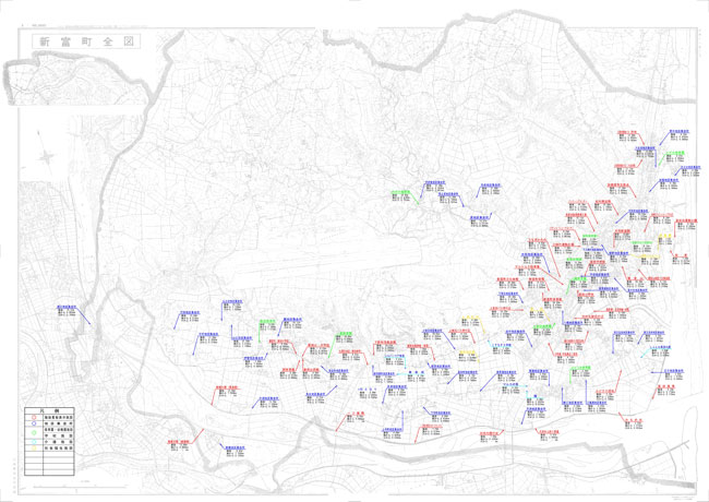 宮崎県児湯郡新富町の全域を示した地図上に、町内各地の海抜や海岸・河川からの距離を記したラベルが詳細に配置された、海抜測量図