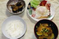 茶色く炒めたなすのみそいためとハムエッグ、白飯、ズッキーニと小葱が散らされたみそ汁が並ぶ写真