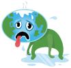 地球の形をした頭部を持つ四つん這いのキャラクターが、舌を出し大量の汗をかきながら、足元の水たまりの上でぐったりと力尽きている様子を描くことで、深刻な地球温暖化の状況を擬人化して表現したイラスト