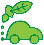 緑色の電気自動車のシルエットの背後から排気ガスの代わりに3枚の葉っぱが飛び出している様子を描いたエコカーのイメージイラスト