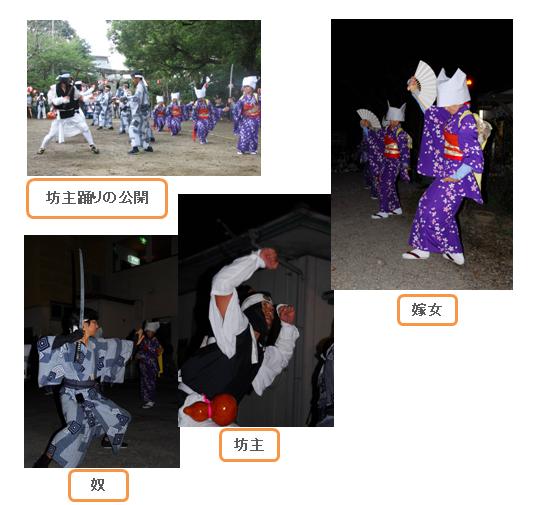 白い頭巾に紫の着物姿の「嫁女」が扇を持って舞い、刀を構えた「奴」や瓢箪を腰に下げた「坊主」が力強く踊る伝統行事「坊主踊り」の各配役の様子を捉えた、説明用の文字を含む4枚の構成写真