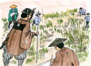 笠を被り作業着を身にまとった農民たちが農作業に励む田畑の傍らで、家紋の入った羽織を着た役人らしき侍たちが測量棒を立てたり記録をつけたりして調査を行う検地の様子を描いたイラスト