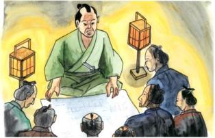 二基の行灯が周囲を明るく照らす中、緑色の着物を着た侍が広げた大きな紙を指し示しながら、周囲を囲む村人たちへ真剣な面持ちで説明を行っているイラスト