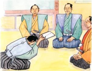 裃を着用した二人の役人の侍の前で、一人の侍が深く頭を下げながら書面を差し出し、それを厳しい表情で見守る別の侍も描かれた、江戸時代の公的な訴えの場面のイラスト