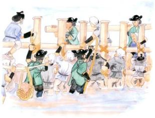 大勢の男たちが川の中に立ち並び、協力して太い木の柱を何本も組み上げながら頑丈な構造物を建設している、江戸時代の土木作業の様子を描いたイラスト