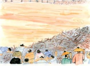 大雨が降り増水した川に流され、高く積み上げられた木材の杭を川の手前に集まった村人たちが見つめている江戸時代の土木作業の現場を描いたイラスト