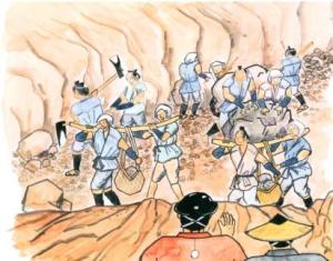 険しい岩場のような場所で、揃いの青い作業着を着た大勢の男たちが、クワやツルハシを振るって地面を掘り起こしたり天秤棒で重い石を運び出したりする、江戸時代の過酷な土木工事を描いたイラスト