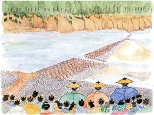 切り立った崖が続く川岸を背に、川の流れを遮るように石を積み上げた巨大な堤防が完成し、それを手前で正装した侍の役人と多くの村人たちが一列に並んで静かに見守っている江戸時代の治水事業を描いたイラスト