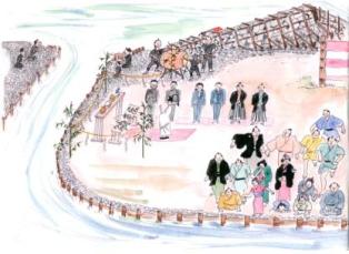 川岸に築かれた強固な堤防の上で、神職が儀式を執り行い、水路に水が流れるのを見守る侍の役人や歓喜に沸く村人たちの姿を描いたイラスト