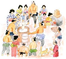 上半身裸の男たちが力強く餅をつき、それを取り囲む女性や子どもたちが楽しげに見守る、江戸時代の餅つきの風景を描いたイラスト