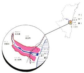 宮崎県内の詳細な位置関係を示した全体図から、一ツ瀬川流域の新富町、西都市、佐土原町にまたがる広範囲なピンク色のエリアを円形でクローズアップした、地理的な範囲や流域の重要性を視覚的に伝えるための説明用マップ