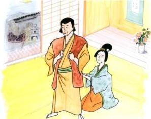 明るい畳の部屋で、外出の準備をするためか羽織を整えている男性と、その後ろで着付けを手伝う和装の女性の姿を描いたイラスト