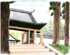 高くそびえる二本の大きな木の間から、石段の先に建つ寺院の山門と白壁を望む、境内の風景を描写したイラスト