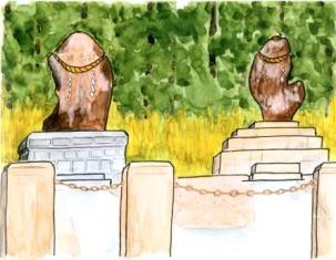 青々とした木々を背景に、注連縄が巻かれた二つの大きな自然石の石碑がそれぞれ立派な石造りの台座の上に鎮座している、屋外に建立された記念碑を描いたイラスト