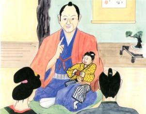 床の間に掛け軸や盆栽が飾られた和室で、着物を身にまとった侍が幼い子どもを膝に乗せ、手前の男女に教えを説いているような場面を描いたイラスト