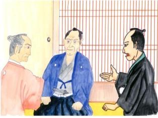 障子のある和室で、中央に座る青い着物姿の侍を挟み、左側の桃色の着物を着た男性と、右側の黒い着物を着た男性が、深刻な面持ちで話し合いをしている様子を描いたイラスト