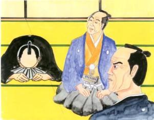 畳の部屋で深々と頭を下げて挨拶をする侍と、それを見つめる厳しい表情の侍や青い羽織を着た年配の侍などが描かれたイラスト