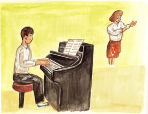 楽譜を置いた黒いアップライトピアノの前に座り真剣な表情で鍵盤を叩く男性と、その傍らで腕を動かしながら歌唱指導や指揮をしているような女性の姿を描いた音楽の練習風景のイラスト