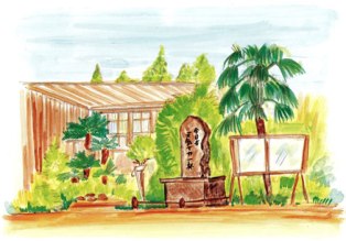 青空の下、木造校舎の前に豊かな緑や南国風の樹木が植えられ、中央には文字が刻まれた石碑、その隣に掲示板が並ぶ静かな庭園のような風景を描いた、学校の校庭のイラスト