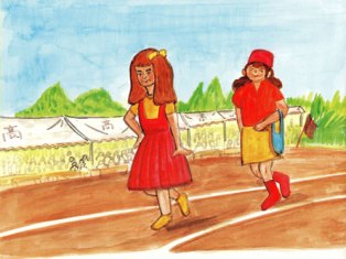 青空の下、白いテントが並ぶグラウンドのトラックで、女装している赤いドレスを着た子と赤い帽子をかぶった子が、楽しそうに仮想行列に参加している運動会の風景を描いたイラスト