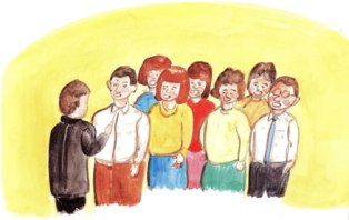 明るい黄色の背景の中、黒い服を着た人物の前で、笑顔を浮かべた男女数名のグループが親しげに集まり対話をしているような様子描いた、人々の交流を表現しているイラスト