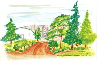 ゆるやかにカーブする茶色の道の先に、緑豊かな木々に囲まれた校舎やアーチ状の屋根を持つ建物が佇む風景を描いた、自然豊かな学校の全景を表現しているイラスト
