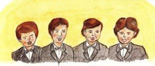 明るい黄色の背景の前で、お揃いの黒いスーツと蝶ネクタイを身につけた四人の人物が、口を大きく開けて情熱的に歌い上げている合唱のワンシーンを描いたイラスト