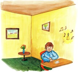 明るい黄色の壁に囲まれた静かな室内で、机に向かいコーヒーカップを前に目を閉じ、心地よい音色に耳を傾けリラックスしている男性の姿を描いたイラスト