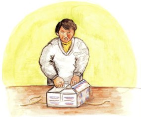 明るい黄色の背景の前で、机の上に置かれた長方形の段ボール箱の蓋を両手で丁寧に開けようとしている一人の人物の姿を描いた作業の様子のイラスト
