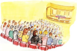 明るい黄色の照明に包まれたホールで、赤い椅子に座りステージを見つめる大勢の観客の後ろ姿を描いた、講演会の様子のイラスト