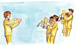 水色の背景の中、左側でタキシード姿の指揮者が指示を出し、右側でお揃いの黄色い衣装を着た四人の奏者が、一斉に金色のハンドベルを高く掲げて音を奏でている演奏会のワンシーンを描いたイラスト