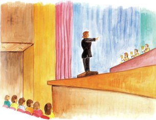 客席に座る観客の後ろ姿越しに、ステージ上でタキシード姿の指揮者が右手を差し出し、壇上に並ぶハンドベル奏者たちへ合図を送るシーンを描いた演奏会のイラスト