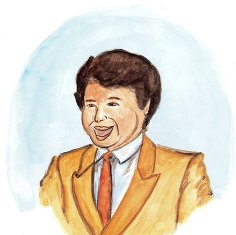 明るい水色の背景を背に、オレンジ色のジャケットに赤いネクタイを締め、口を大きく開けて朗らかに歌ったりしている一人の男性の姿を描いたイラスト