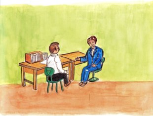 薄い緑色の壁の室内で、大きな木の机を挟んで向き合い、青いスーツを着た人物が身振り手振りを交えながら白いシャツの人物へ穏やかに話しかけている風景を描いたイラスト