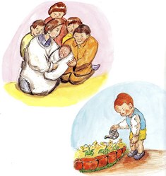 左上に赤ん坊を抱く女性を家族が笑顔で囲む場面と、右下に小さな子どもがじょうろで黄色い花に水をあげる場面の二つを描いたイラスト