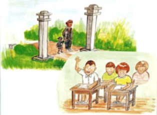 左上に二本の石柱が立つ門の間を親子が手をつないで歩く屋外の光景と、右下に教室の机に座る子どもたちの中で一人の男の子が元気に手を挙げている授業風景の二つの場面を描いたイラスト
