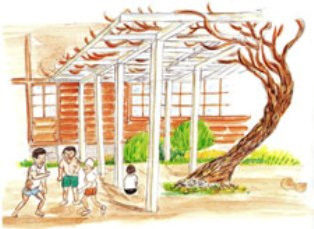 木造校舎を背景に、大きな藤棚の下で元気に走り回ったり地面に座り込んだりして遊ぶ子どもたちの姿を描いた懐かしい学校の休み時間の風景のイラスト