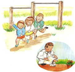 左上に校庭の鉄棒の前で縄跳びの輪に入って元気に走る三人の子どもたちの場面、右下に傍らでしゃがみ込みながら赤い花の鉢植えを熱心に観察して記録をつける男の子の姿の場面を描いた学校生活の日常のイラスト