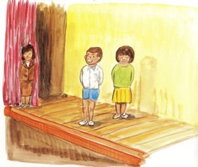 木製のステージの上で、緊張した面持ちで並んで立つ男の子と女の子の姿を、舞台脇の赤い幕から女性が見守る様子を描いた学校行事の発表会のイラスト
