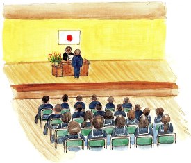 日の丸が掲げられた黄色い壁のステージで、壇上の校長先生から卒業証書を受け取る生徒の背中と、それを見守る制服姿の生徒たちの後姿を描いた卒業式の様子のイラスト