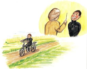 左下に田舎の未舗装路を黒い学生服姿で自転車を漕ぐ学生の姿、右上にタクトを持った先生の前で口を開けて声楽のレッスンを受ける学生の場面を描いた学校生活のイラスト