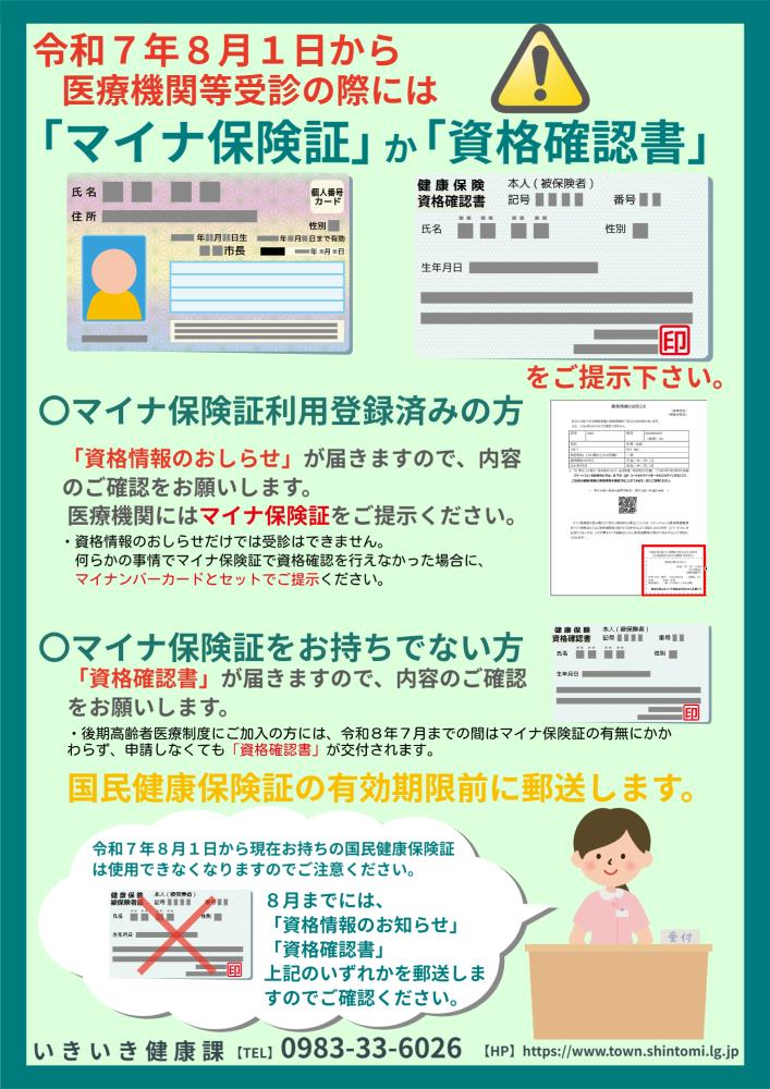 令和7年8月1日からの医療機関受診には「マイナ保険証」か「資格確認書」についてのチラシ